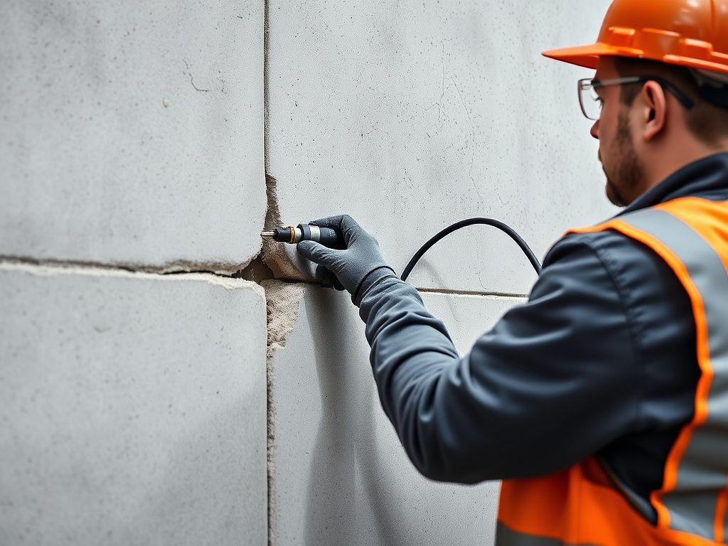 PU injection sealing a concrete slab crack