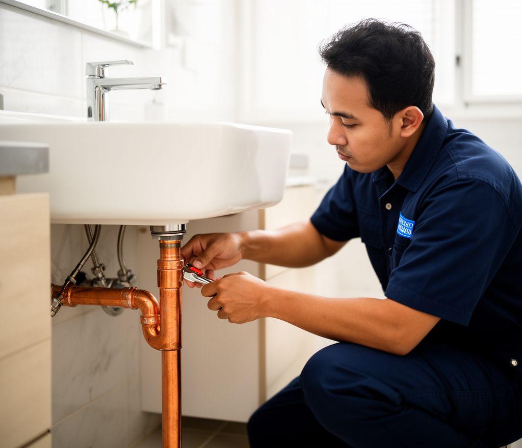 Riverhub technician sealing a pipe joint on a Selangor worksite